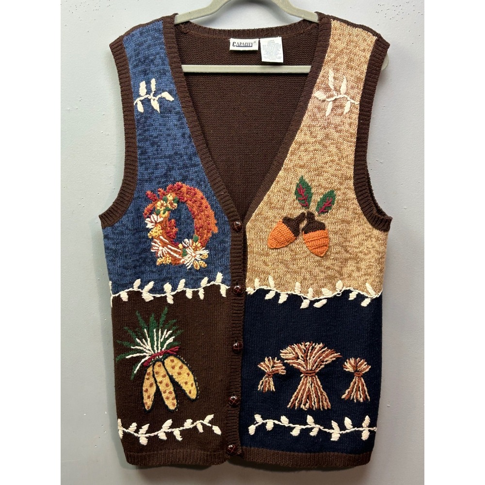Capacity Autumn Harvest Patchwork Button Front Knit Vest Women's Large Brown VTG